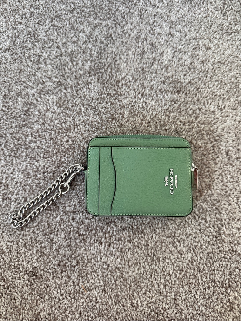 Coach Green Leather Zip Card Case with Silver Chain Accent